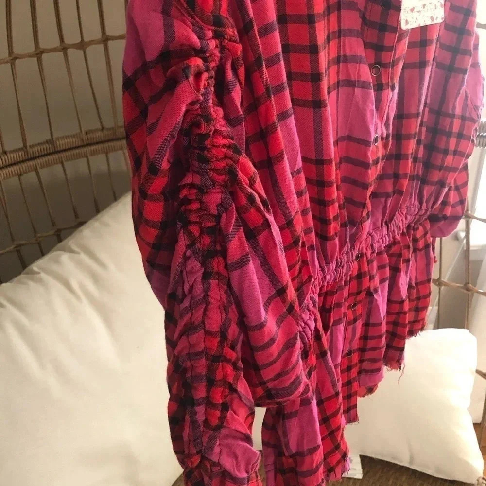 Free People plaid red combo button down shirt - Picture 5 of 11